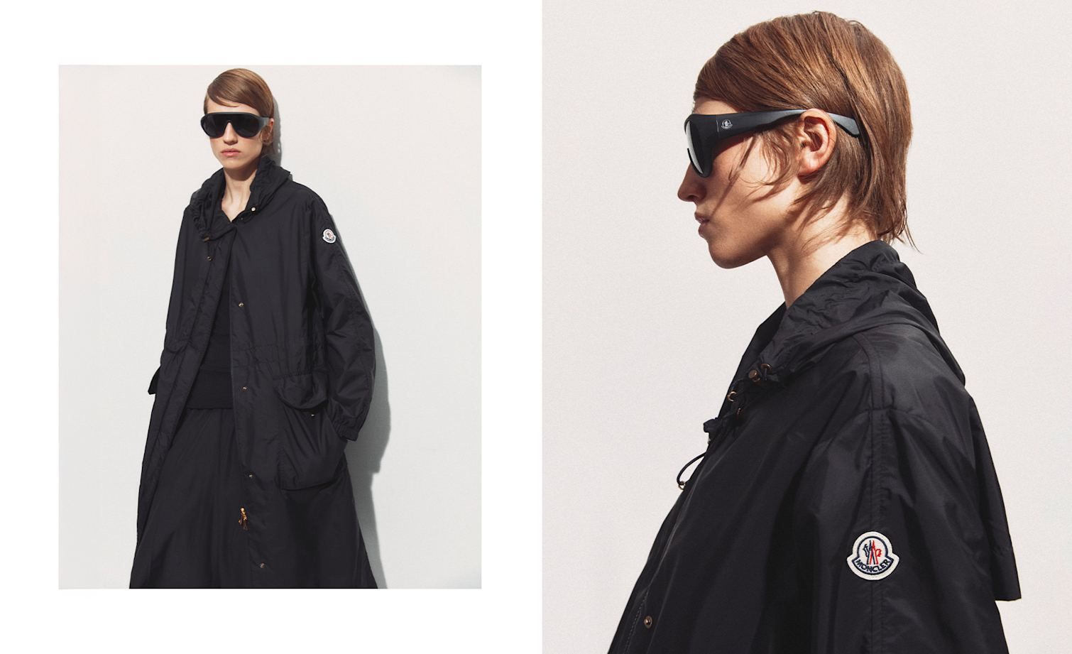 Model wears black jacket and sunglasses from Moncler SS 25 collection for Her