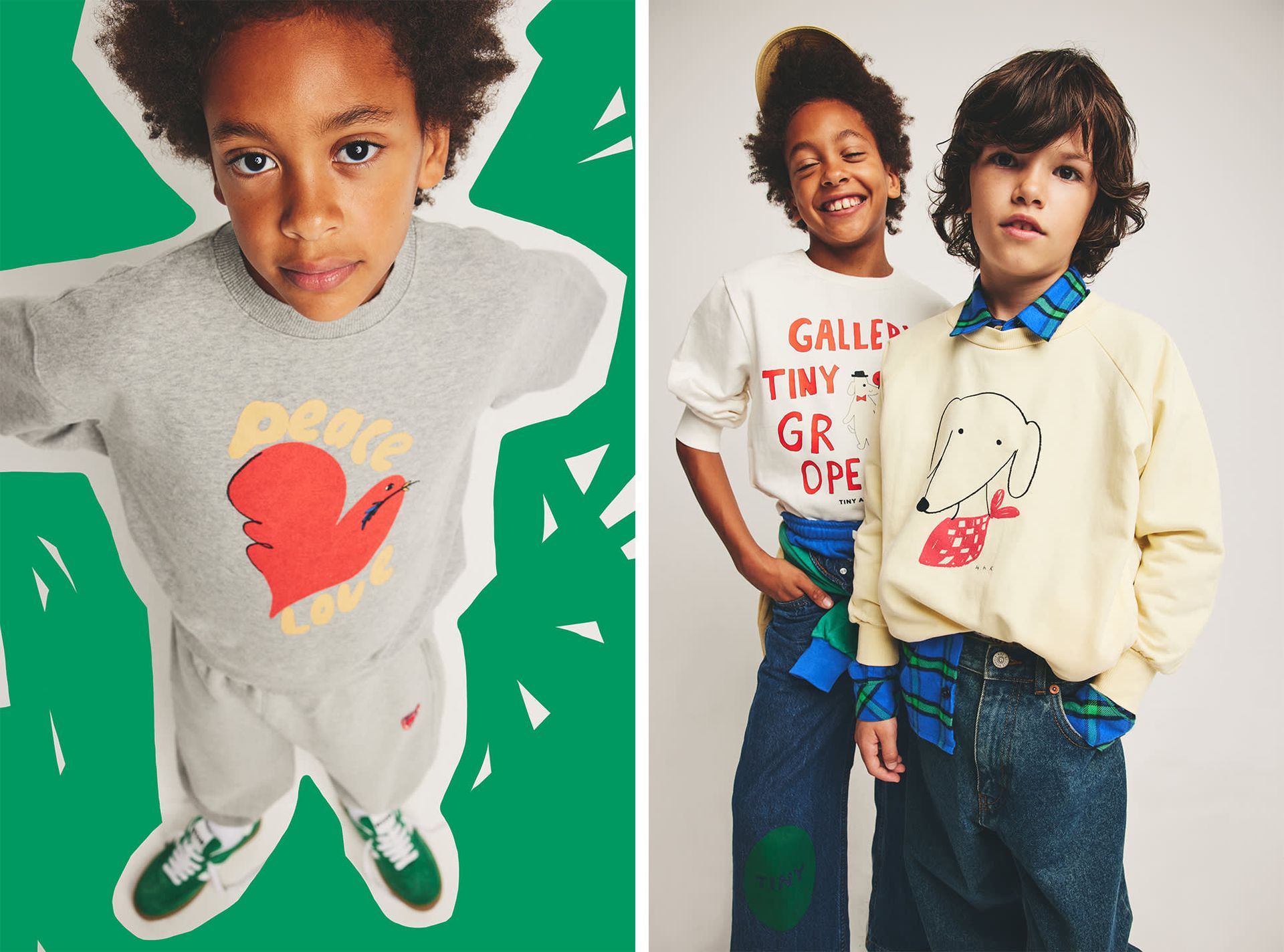 Jellymallow printed cotton crewneck sweatshirt, Jellymallow cotton sweatpants w/ logo, MSGM suede lace-up sneakers, Tiny Cottons printed organic cotton sweatshirt, Tiny Cottons organic cotton sweatpants, Tiny Cottons cotton jeans, Tiny Cottons color block organic cotton sweathsirt, Mini Rodini organic cotton baseball hat, Versace printed cotton shirt, Weekend House Kids printed organic cotton blend sweatshirt, MM6 Maison Margiela stretch cotton denim jeans