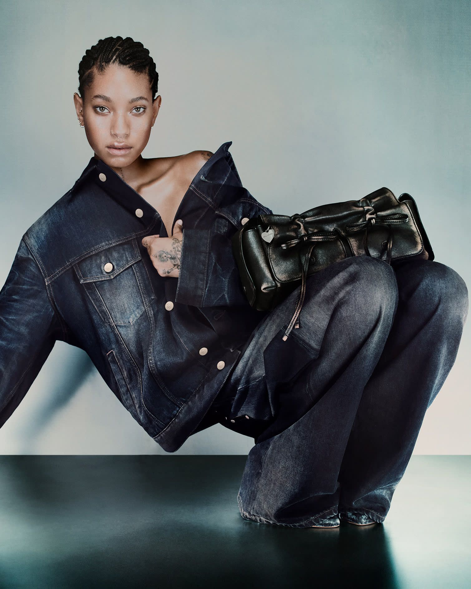 Acne Studios full denim look with leather bag